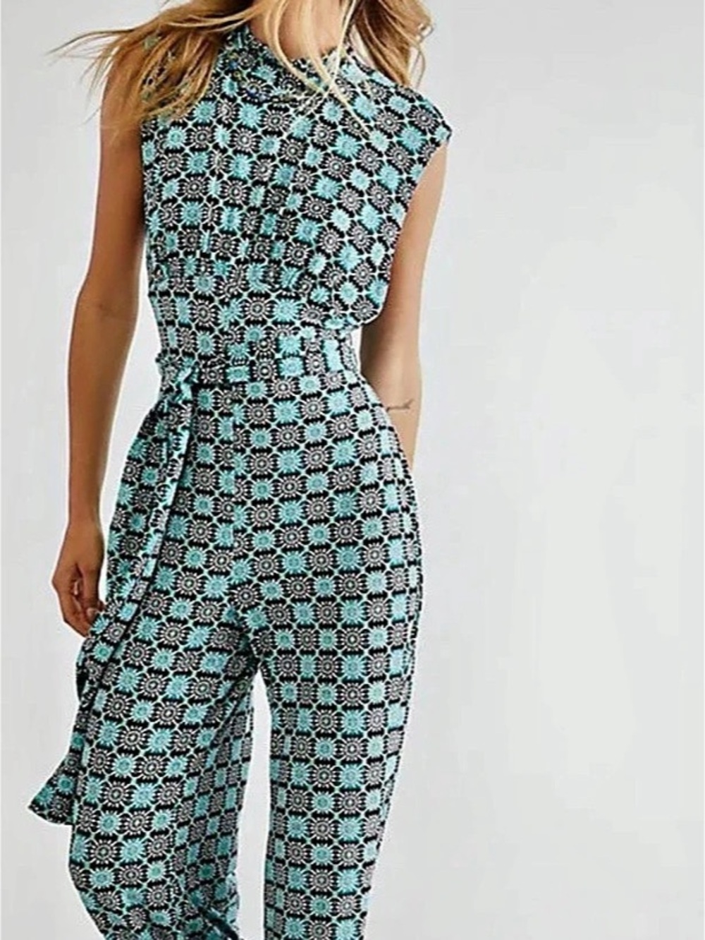 Free People Vibe Check Jumpsuit Geometric Wide-Leg Jumpsuit Blue & Black